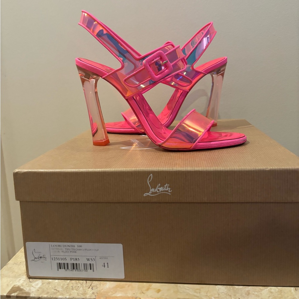 Christian Louboutin Heels 41 PVC Sandals Loubi Duniss 100 Fluo Pink